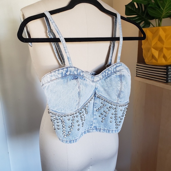 Embellished Denim Crop Top Size Small NEW! - Picture 5 of 14